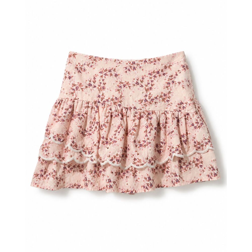 Pink Floral Eyelet Lace Ruffle Mini Skirt Cottagecore Coquette Romantic